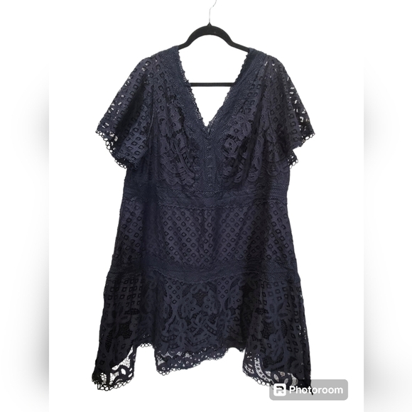 SIMPLY EMMA 3X Black Lace Short Sleeve Midi Dress with Liner Zippered Back - Picture 1 of 8